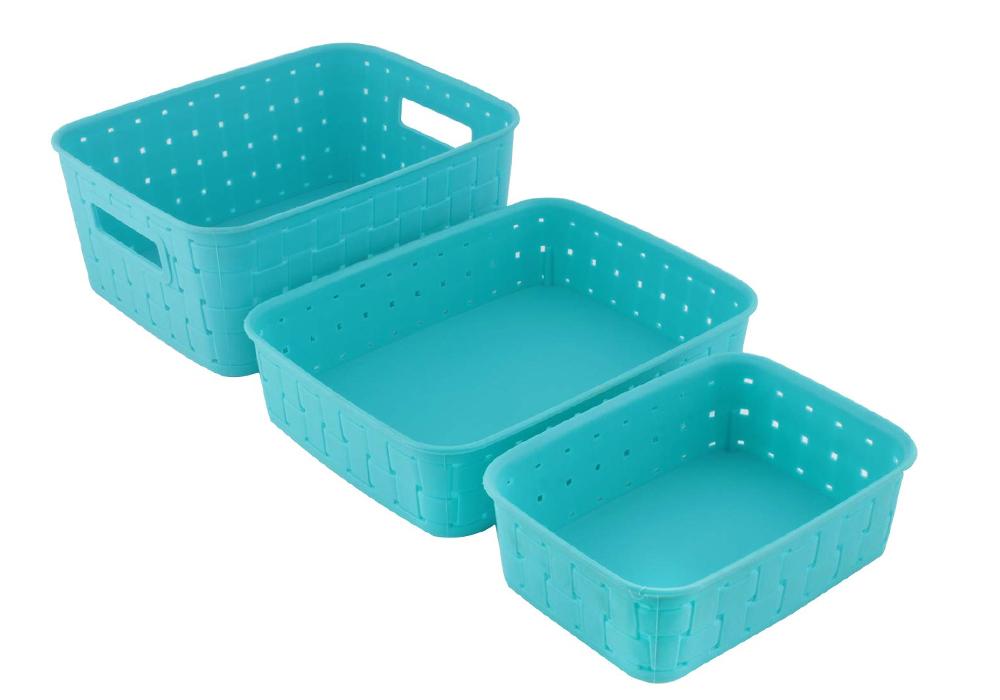 Smart baskets in sky blue for organized storage. Smart baskets in sky blue for organized storage.
